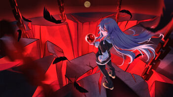 Rule 34 | 1girl, absurdres, alternate costume, black jacket, black pants, black shoes, chain, chinese commentary, commentary request, falling feathers, feathers, full moon, grey hair, herrscher of sentience, highres, holding, holding orb, honkai (series), honkai impact 3rd, humugo, jacket, long hair, looking at viewer, moon, orb, pants, red eyes, red sky, shoes, sky, very long hair