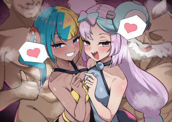 2boys 2girls abs absurdres blonde_hair blue_eyes blue_hair blush canari_(pokemon) clenched_teeth dark-skinned_female dark_skin finger_heart gen_1_pokemon hashira_14 heart highres iono_(pokemon) long_sleeves magnemite multicolored_hair multiple_boys multiple_girls nintendo open_mouth pink_hair pokemon purple_eyes sharp_teeth surge_(pokemon) teeth two-tone_hair wattson_(pokemon)