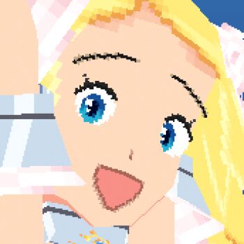 Rule 34 | 1girl, armlet, blonde hair, blue eyes, close-up, code of princess, gorget, jewelry, looking at viewer, looking down, low poly, lowres, open mouth, pov, sidelocks, smile, solange blanchefleur de luxe, spoopthespoopster, tagme
