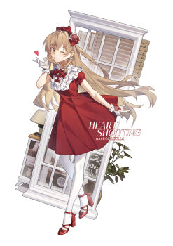 1girl absurdres arnold-s blowing_kiss bow brown_hair chinese_commentary commentary_request crossed_bangs dress earrings floating_clothes floating_hair frilled_gloves frills gloves green_eyes hair_bow hair_ornament heart high_heels highres jewelry lace lace_gloves one_eye_closed original pantyhose parted_lips plant potted_plant puffy_short_sleeves puffy_sleeves red_dress red_shoes shoes short_sleeves solo standing standing_on_one_leg white_gloves white_pantyhose window window_blinds