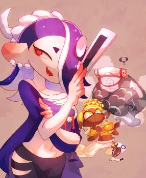 1boy 2girls big_man_(splatoon) black_pants blonde_hair blue_shawl chest_sarashi commentary_request constricted_pupils dark-skinned_female dark_skin earrings fangs fangs_out folded_fan folding_fan frye_(deep_cut_outfit)_(splatoon) frye_(splatoon) hair_ornament hair_over_one_eye hairband hand_fan highres jewelry multiple_earrings multiple_girls navel nintendo pants purple_hair red_eyes sarashi shawl shiver_(deep_cut_outfit)_(splatoon) shiver_(splatoon) short_eyebrows smile splatoon_(series) splatoon_3 standing thick_eyebrows tooth_earrings torn_clothes torn_pants very_dark_skin white_hairband white_pants x_hair_ornament yukkyon_kyon