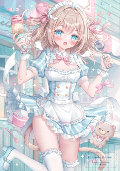 1girl animal_ear_fluff animal_ears apron bear blonde_hair blue_dress blue_eyes blush bow breasts cleavage commentary_request dress food frills hair_between_eyes hair_bow hair_ornament highres holding holding_food holding_ice_cream holding_ice_cream_cone holding_ice_cream_scoop_(utensil) ice_cream ice_cream_cone ice_cream_scoop_(utensil) kohinata_hoshimi long_hair looking_at_viewer medium_breasts open_mouth original pink_bow pink_ribbon puffy_short_sleeves puffy_sleeves ribbon shoes short_sleeves smile tail thighhighs waist_apron white_apron white_headdress white_thighhighs wing_hair_ornament wings wrist_cuffs