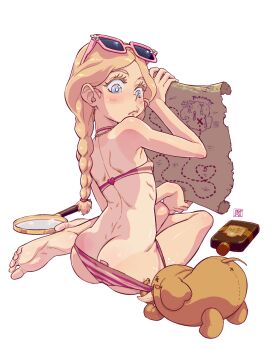1girl ass barefoot bikini bikini_pull blonde_hair blue_eyes blush borrowed_character clothes_pull colored_eyelashes dimples_of_venus female_focus flask flat_chest halterneck highres linnea_(baraag) loli magnifying_glass map ocaworld one-piece_tan original sitting solo striped_bikini striped_clothes stuffed_toy sunglasses_on_head swimsuit tan tanline transparent_background twintails