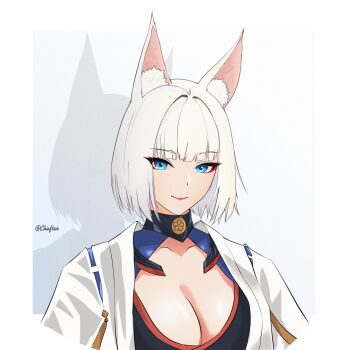 1girl animal_ear_fluff animal_ears artist_name azur_lane blue_eyes blunt_bangs border breasts chieftain_art13 cleavage closed_mouth commentary cropped_arms english_commentary eyeshadow fox_ears fox_girl grey_background highres japanese_clothes kaga_(azur_lane) kimono large_breasts lips looking_at_viewer makeup red_eyeshadow sakuramon short_hair simple_background smile upper_body white_border white_hair white_kimono zoom_layer