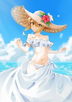 Rule 34 | 1girl, absurdres, bikini, blonde hair, closed mouth, cloud, commentary request, day, feet out of frame, flower, flower request, frilled bikini, frills, genshin impact, hat, hat flower, highres, horizon, looking at viewer, lumine (genshin impact), marks (dmhunsu10), navel, ocean, outdoors, red flower, sarong, short hair with long locks, smile, solo, standing, stomach, straw hat, summer, sun hat, swimsuit, white bikini, white flower, white sarong, yellow eyes