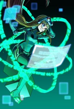 1girl alternate_costume black-framed_eyewear black_bodysuit blunt_bangs bodysuit brown_hair female_focus fingerless_gloves full_body glasses gloves glowing gradient_background green_shoes grey_bodysuit grey_eyes grin highres holographic_interface lemonpear long_hair oracle_(persona_5) persona persona_5 sakura_futaba shoes simple_background sitting smile solo tagme