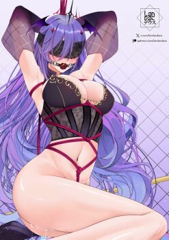 1girl armpits arms_behind_head artist_logo ball_gag blindfold breasts dress earrings gag head_wings heart highres indie_virtual_youtuber jewelry landacdeus logo long_hair mythia_batford navel patreon_username purple_hair purple_wings pussy_juice saliva shibari solo sweat twitter_username virtual_youtuber wings