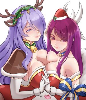 2girls antlers breasts camilla_(flurry_embrace)_(fire_emblem) christmas cleavage fire_emblem fire_emblem_engage fire_emblem_fates fire_emblem_heroes hair_over_one_eye ihsnet ivy_(flurry_embrace)_(fire_emblem) large_breasts long_hair multiple_girls nintendo official_alternate_costume purple_eyes purple_hair reindeer_antlers