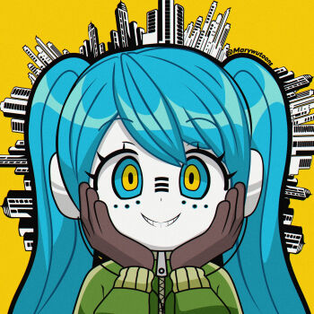 1girl aqua_eyes aqua_hair brown_gloves building colored_skin commentary facepaint gloves green_jacket hands_on_own_cheeks hands_on_own_face hatsune_miku headphones highres jacket long_hair looking_at_viewer marywutoons matryoshka_(vocaloid) multicolored_eyes orange_background orange_eyes simple_background smile solo spanish_commentary teeth track_jacket twintails twitter_username upper_body vocaloid white_skin zipper