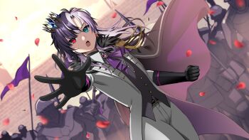 1girl 364ing 6+others absurdres alternate_costume alternate_hair_length alternate_hairstyle androgynous aqua_eyes armor ascot black_gloves black_hair black_vest blue_gemstone buttons clenched_hand commentary commission crown dutch_angle english_commentary eyelashes fingerless_gloves flag fur_trim gem gloves heterochromia highres holding holding_flag holding_polearm holding_weapon indie_virtual_youtuber jacket medium_hair multicolored_hair multiple_others open_clothes open_jacket open_mouth outstretched_arm pants petals polearm purple_ascot purple_gemstone purple_hair red_eyes red_petals rin_penrose second-party_source solo_focus spear split-color_hair teeth two-tone_hair upper_teeth_only vest virtual_youtuber weapon white_jacket white_pants