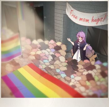 1girl 6+others absurdres ahoge black_dress brown_hair commentary cross-laced_clothes crowd dress english_commentary english_text free_hugs gradient_hair highres hijiri_byakuren long_hair multicolored_hair multiple_others outdoors pride_parade purple_hair rainbow_flag rownou touhou very_long_hair