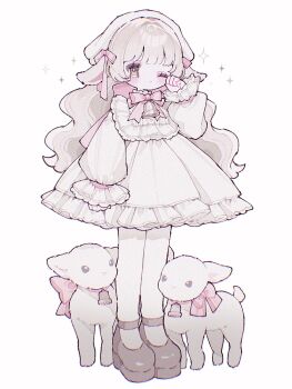 1girl animal_ears bell blush bow bowtie brown_eyes brown_shoes closed_mouth commentary dress english_commentary frilled_dress frilled_sleeves frills full_body goat goat_ears goat_girl grey_hair hand_up hat highres long_hair long_sleeves neck_bell one_eye_closed original pantyhose red_bow red_bowtie shoes simple_background solo standing upa_papa_co white_background white_dress white_hat white_pantyhose