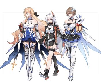 3girls armor armored_dress bare_shoulders black_dress black_gloves black_jacket black_shorts black_thighhighs blonde_hair blue_dress blue_eyes box brown_hair brown_shoes collarbone commentary dress durandal_(bright_knight:_excelsis)_(honkai_impact) durandal_(honkai_impact) elbow_gloves garter_straps gauntlets gift gift_box gloves greaves hair_ornament hair_over_one_eye heterochromia highres holding holding_gift holding_hands honkai_(series) honkai_impact_3rd jacket kiana_kaslana kiana_kaslana_(void_drifter) layered_dress long_hair looking_at_viewer looking_to_the_side multiple_girls pantyhose pink_eyes rita_rossweisse rita_rossweisse_(argent_knight:_artemis) shiying_no_yao shoes short_hair shorts simple_background single_garter_strap single_thighhigh standing symbol-only_commentary thighhighs very_long_hair white_background white_hair white_pantyhose yellow_eyes