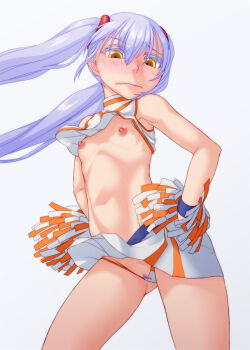 1girl ^jj^ blush cheerleader commentary_request crop_top embarrassed female_pubic_hair floating_hair highleg highleg_panties highres hoshino_ruri kidou_senkan_nadesico long_hair miniskirt navel nipples panties pom_pom_(cheerleading) pubic_hair purple_hair revealing_clothes skirt solo twintails underwear yellow_eyes