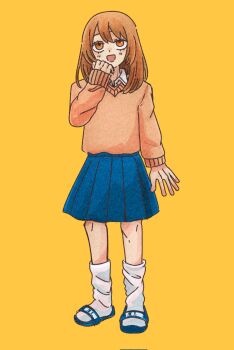 1boy :d arm_at_side blue_sandals blue_skirt blush brown_hair collared_shirt commentary_request crossdressing crossdressing_(mtf) full_body futsunonakawa futsuu_no_keion-bu hand_up highres long_sleeves loose_socks male_focus name_tag open_mouth orange_eyes orange_sweater pleated_skirt sandals school_uniform shirt simple_background skirt slides smile socks solo standing sweater sweater_tucked_in takami_kouki trap white_shirt white_socks yellow_background