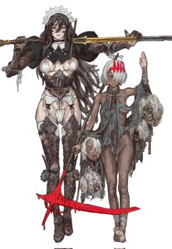 2girls areola_slip arm_up bikini black_eyes black_hair blood bloody_weapon breasts character_request collar copyright_request crown dark-skinned_female dark_skin disembodied_head executioner executioner_maid_(centurii-chan) female_pubic_hair garter_belt gauntlets hair_over_one_eye height_difference highres leg_armor long_hair looking_at_viewer maid maid_headdress medium_breasts mossacannibalis multiple_girls no_bra no_panties o-ring o-ring_bikini pubic_hair pubic_hair_peek rags rope scar scythe short_hair side-tie_bikini_bottom skindentation eylin_eyla_(ebonyxh) swimsuit sword teeth thighhighs tongue tongue_out unconventional_maid very_long_hair weapon white_background white_bikini white_hair white_pubic_hair yellow_eyes zweihander