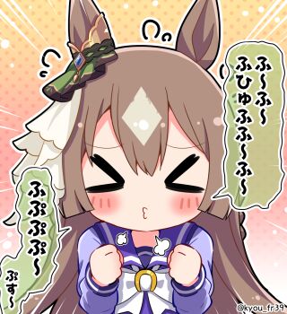 1girl animal_ears blush bow bowtie brown_hair chibi chibi_only clenched_hands closed_eyes commentary_request double-parted_bangs flying_sweatdrops hands_up highres horse_ears horse_girl kyou_(fr39) long_hair long_sleeves multicolored_hair outline polka_dot polka_dot_background puff_of_air purple_sailor_collar purple_shirt sailor_collar satono_diamond_(umamusume) school_uniform serafuku shirt solo speech_bubble tracen_school_uniform translation_request twitter_username two-tone_hair umamusume upper_body white_bow white_bowtie white_hair white_outline winter_uniform