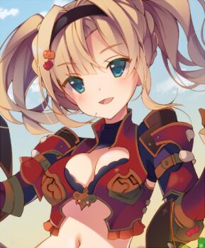 10s 1girl armor bad_id bad_twitter_id bikini_armor blonde_hair blue_eyes blue_sky blush braid breasts cleavage cleavage_cutout clothing_cutout cloud day female_focus food-themed_hair_ornament granblue_fantasy hair_intakes hair_ornament hairband kagura_uguisu long_hair lowres medium_breasts navel pumpkin_hair_ornament red_armor sky solo twintails uguisu_kagura upper_body zeta_(granblue_fantasy)