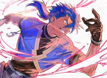 1boy blue_hair crescent crescent_necklace cu_chulainn_(fate) cu_chulainn_(fate/prototype) earrings fate/grand_order fate/prototype fate_(series) gloves grin hair_between_eyes highres holding holding_polearm holding_weapon jewelry long_hair male_focus necklace open_mouth polearm ponytail red_eyes shirt short_sleeves smile solo uni_(nico02) upper_body weapon wide-eyed