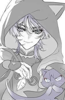 1boy animal_ear_hood animalization armor bishounen black_hood blunt_ends bodysuit cat cloak closed_mouth doll_joints dutch_angle fake_animal_ears feathers fingernails genshin_impact hacwss hand_up highres hood hood_up hooded_cloak japanese_armor jewelry joints kote looking_at_viewer male_focus mandarin_collar muted_color neck_ring notice_lines person_and_animalization pom_pom_(clothes) portrait purple_cat purple_eyes purple_hair red_pupils scaramouche_(cat)_(genshin_impact) scaramouche_(genshin_impact) smile solo string tsurime wispy_bangs