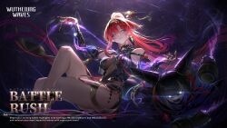Rule 34 | 1girl, bare shoulders, cleavage cutout, clothing cutout, commentary, detached sleeves, earrings, elbow gloves, english commentary, gloves, hair ornament, highres, jewelry, long hair, looking at viewer, official art, pointy ears, purple eyes, red hair, sitting, smirk, solo, thighs, wuthering waves, yinlin (wuthering waves), zapstring (wuthering waves)
