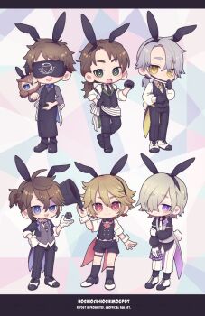 6+boys aesop_carl ahoge alternate_costume andrew_kreiss animal_ear_hairband animal_ears apron bird black_gloves black_jacket black_pants black_shirt black_shorts black_socks blindfold blonde_hair blue_eyes brown_hair chibi chibi_only commentary_request eli_clark fake_animal_ears formal_clothes gloves green_eyes grey_hair hair_intakes hair_over_one_eye hairband hand_on_own_hip highres identity_v jacket kneehighs legwear_garter looking_at_viewer luca_balsa male_focus male_playboy_bunny multiple_boys naib_subedar necktie owl oxfords pants pink_eyes ponytail purple_eyes rabbit_ear_hairband rabbit_ears rabbit_tail shirt shorts side_part single_legwear_garter sleeves_rolled_up socks striped_clothes striped_socks suit tail thigh_strap vertical-striped_clothes vertical-striped_socks victor_grantz waist_apron white_gloves white_necktie white_pants yellow_eyes yunoichi-hoshiduki