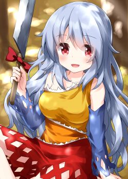 Rule 34 | 1girl, :d, bare shoulders, blurry, blurry background, blush, bow, breasts, clothing cutout, collarbone, commentary request, detached sleeves, diamond cutout, eyes visible through hair, grey hair, hair between eyes, highres, holding, holding sword, holding weapon, knee up, long hair, looking at viewer, medium breasts, one-hour drawing challenge, open mouth, red bow, red eyes, red skirt, ruu (tksymkw), sakata nemuno, shirt, sitting, skirt, smile, solo, sword, touhou, very long hair, weapon, yellow shirt