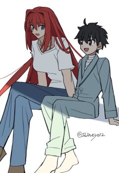 1boy 1girl aged_down ahoge aozaki_aoko arm_support bandaged_chest bandaged_neck bandages barefoot black_eyes black_hair blue_eyes blue_pajamas breasts brown_shoes commentary_request crossed_arms crossed_legs denim hair_intakes jeans long_hair long_sidelocks looking_at_another open_mouth pajamas pants red_eyes red_hair shintyoi2 shirt shoes short_hair sidelocks sitting t-shirt talking tohno_shiki tsukihime tsukihime_(remake) white_shirt