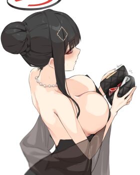 1girl alracoco back bag bare_shoulders beads black_dress black_hair black_halo blue_archive blush breasts cleavage clutch_purse condom_box dress from_above hair_bun halo handbag highres jewelry large_breasts multicolored_halo necklace pearl_necklace red_eyes rio_(blue_archive) rio_(dress)_(blue_archive) see-through_clothes see-through_shawl shawl simple_background solo strapless strapless_dress two-tone_halo wallet white_background