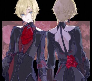 Rule 34 | 1boy, androgynous, aqua eyes, arched bangs, arms at sides, ascot, backless jacket, backless outfit, bare back, black background, black corset, black gloves, black jacket, blonde hair, brooch, choppy bangs, closed mouth, clothing cutout, collarbone peek, colored eyelashes, contrapposto, corset, cowboy shot, cross-laced clothes, cross-laced corset, detached collar, double-parted bangs, earrings, eyelashes, fingernails, floral background, flower, flower ornament, frills, gloves, hair between eyes, half gloves, hand on own hip, head tilt, high collar, highres, jacket, jewelry, kagamine len, kono hito hari ni omoi wo komeru (project sekai), light smile, long sleeves, male focus, more more jump! len, multiple views, official alternate costume, official alternate hairstyle, pale skin, project sekai, puffy lips, puffy long sleeves, puffy sleeves, red ascot, red flower, red rose, rose, seki (kreuz4360), shoulder blades, shoulder cutout, silver trim, simple background, single earring, single sidelock, sleeve cuffs, square, straight-on, thick eyelashes, three-quarter sleeves, tsurime, turnaround, vocaloid