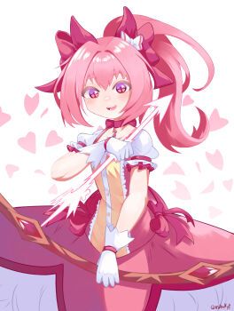 1girl absurdres alternate_costume animal_ears arrow_(projectile) blush bow bow_(weapon) choker cosplay dress ear_covers energy_arrow gloves hair_bow haru_urara_(umamusume) highres holding holding_arrow holding_bow_(weapon) holding_weapon horse_ears horse_girl kaname_madoka kaname_madoka_(cosplay) kaname_madoka_(magical_girl) long_hair mahou_shoujo_madoka_magica mibukyt open_mouth pink_bow pink_choker pink_dress pink_hair ponytail purple_eyes short_sleeves sidelocks solo umamusume weapon white_gloves white_sleeves