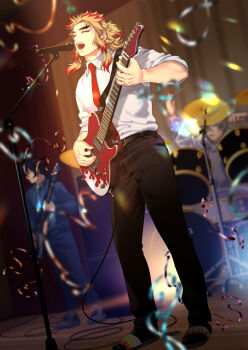 3boys :d alternate_costume belt black_belt black_hair black_pants black_socks blonde_hair blue_jacket blue_pants blurry blurry_background blurry_foreground cable closed_eyes collared_shirt colored_tips concert confetti contemporary depth_of_field dress_shirt drum drum_set electric_guitar forked_eyebrows full_body guitar hashimoto_(yanagi-momo) holding holding_guitar holding_instrument holding_microphone instrument jacket kimetsu_no_yaiba long_hair long_sleeves male_focus microphone microphone_stand multicolored_hair multiple_boys music necktie open_mouth pants playing_guitar playing_instrument red_hair red_necktie rengoku_kyoujurou sandals shinazugawa_sanemi shirt singing sleeves_rolled_up smile socks solo_focus spotlight stage stage_lights standing streaked_hair streamers tomioka_giyuu two-tone_hair white_hair white_sandals white_shirt