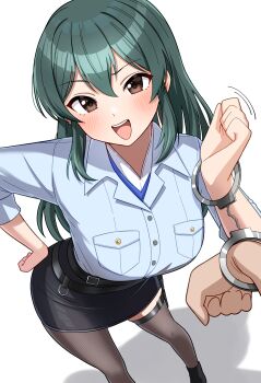 1girl 1other absurdres asymmetrical_legwear belt black_belt black_skirt blue_shirt blush breasts brown_eyes commentary_request cuffs green_hair grey_pantyhose hand_on_own_hip handcuffs highres idolmaster idolmaster_cinderella_girls idolmaster_cinderella_girls_starlight_stage long_hair looking_at_viewer medium_breasts miniskirt motion_lines multiple_belts niban_(puka_0507) ohishi_izumi open_mouth pantyhose pencil_skirt police police_uniform pov pov_hands shadow shared_handcuffs shirt shoes skirt sleeves_rolled_up smile solo_focus teeth thigh_belt thigh_strap uneven_legwear upper_teeth_only