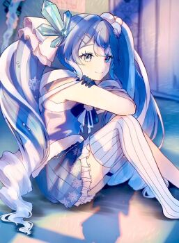 1girl aqua_eyes aqua_hair asymmetrical_legwear blue_dress blue_gloves blue_hair cameo closed_mouth commentary crystal_hair_ornament dress gloves hair_between_eyes hair_ornament hatsune_miku long_hair looking_at_viewer miku_day multicolored_hair official_alternate_costume official_alternate_hairstyle rabbit_yukine shadow single_thighhigh sitting sleeveless sleeveless_dress smile snowflake_hair_ornament snowflake_print solo striped_clothes striped_thighhighs suiren_nei thighhighs twintails very_long_hair vocaloid white_hair white_thighhighs yuki_miku yuki_miku_(2025)