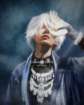 1boy artskiddy69 bandaged_wrist bandages black_shirt blue_jacket commission covering_one_eye gloves hand_up head_tilt highres jacket male_focus original red_eyes shadow_slave shirt short_hair shoulder_belt solo upper_body white_gloves white_hair