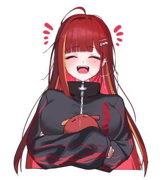 Rule 34 | 1girl, ^ ^, absurdres, ahoge, akane lize, black jacket, blush, breasts, closed eyes, colored inner hair, commentary, creature, cropped torso, cross, cross earrings, dated commentary, earrings, fangs, hair intakes, hair ornament, hairclip, highres, holding, holding creature, jacket, jewelry, large breasts, long hair, long sleeves, multicolored hair, open mouth, parted bangs, pienna (akane lize), red hair, simple background, single earring, solo, stellive, streaked hair, tearing up, virtual youtuber, white background, yeomhwauranyum, zipper