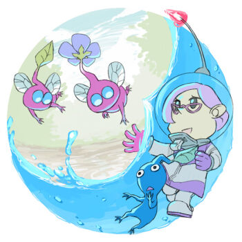 Rule 34 | 1girl, black eyes, blue eyes, blue pikmin, blue skin, blue sky, border, brittany (pikmin), bubble, cloud, colored skin, commentary request, day, eyelashes, flower, flying, full body, glasses, gloves, hand on own chin, helmet, insect wings, miniskirt, naru (wish field), nintendo, open mouth, outdoors, outstretched arm, pikmin (creature), pikmin (series), pikmin 3, pink gloves, pink hair, pink skin, pink skirt, pointy nose, purple flower, radio antenna, red-framed eyewear, round border, short hair, skirt, sky, smile, solid circle eyes, space helmet, spacesuit, submerged, tree, triangle mouth, underwater, water, whistle, white border, winged pikmin, wings, zipper