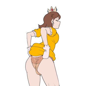 1girl ass biku breasts brown_hair cameltoe closed_eyes clothes_lift dress dress_lift from_behind gloves highres huge_ass large_breasts legs mario_(series) nintendo panties panty_pull princess princess_daisy puckered_lips short_hair sideboob solo source_request thighs underwear