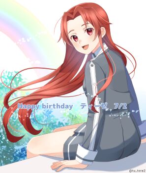 :d artist_name breasts collared_jacket commentary_request cowboy_shot floating_hair forehead from_behind grey_jacket grey_skirt happy_birthday high_collar highres jacket long_hair long_sidelocks long_sleeves looking_at_viewer looking_back medium_breasts miniskirt open_mouth pleated_skirt red_eyes red_hair royal_sword_academy_school_uniform school_uniform sidelocks sitting skirt smile sword_art_online tiese_schtrinen tongue translation_request tree tu_tora2 twitter_username white_background