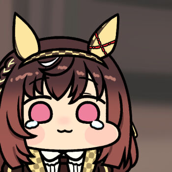 1girl :3 blurry blurry_background blush brown_hair buena_vista_(heroina_inocente)_(umamusume) buena_vista_(umamusume) commentary_request crying crying_with_eyes_open hair_between_eyes hair_ornament hairband horse_girl jazz_jack looking_at_viewer lowres portrait purple_eyes scene_reference solo tears umamusume