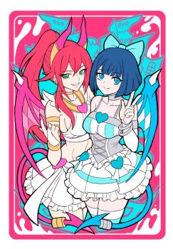 2girls amanda_lapalme blue_eyes blue_hair border cosplay cowboy_shot cropped_shirt demon_girl demon_horns demon_tail demon_wings dress duel_monster evil_twin_ki-sikil evil_twin_lil-la green_eyes heart high_ponytail horns ki-sikil_(yu-gi-oh!) lil-la_(yu-gi-oh!) long_hair miniskirt multiple_girls panty_&amp;_stocking_with_garterbelt panty_(psg) panty_(psg)_(cosplay) pink_background ponytail red_hair shirt short_dress short_hair skirt stocking_(psg) stocking_(psg)_(cosplay) tail v white_border white_dress white_shirt white_skirt wings yu-gi-oh!