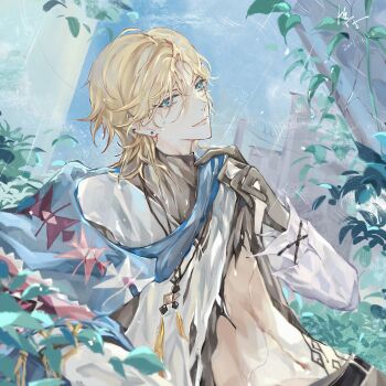 1boy absurdres aqua_eyes belt black_belt black_gloves black_shirt blonde_hair blue_cloak building chashuimeifiom chinese_commentary cloak closed_mouth clothes_lift commentary_request curtained_hair day ear_piercing earrings feather_necklace gloves hair_between_eyes hand_up highres jewelry lars_rorschach lars_rorschach_(eden) leaf long_sleeves looking_at_viewer lovebrush_chronicles male_focus midriff necklace outdoors piercing plant rain shirt shirt_lift short_hair sideways_glance smile solo stomach_tattoo stud_earrings tattoo toned toned_male torn_clothes torn_shirt turtleneck turtleneck_shirt undershirt upper_body wet white_shirt