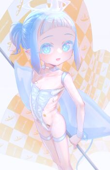 1girl absurdres blue_eyes blue_hair cameltoe captaintcher flat_chest highres leotard loli looking_at_viewer navel original pointy_ears ponytail race_queen smile solo