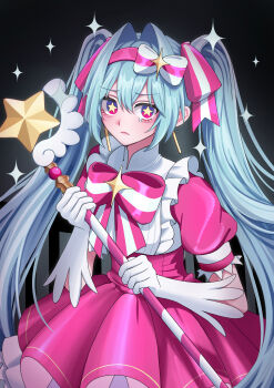 Rule 34 | 1girl, absurdres, aqua hair, bow, cane, closed mouth, commentary request, dress, gloves, hair bow, hair intakes, hatsune miku, highres, holding, holding cane, ima sugu rinne (vocaloid), long hair, long sleeves, magical girl, pink dress, pink eyes, puffy short sleeves, puffy sleeves, short sleeves, star (symbol), star in eye, symbol in eye, twintails, user cnks3287, very long hair, vocaloid, white bow, white gloves
