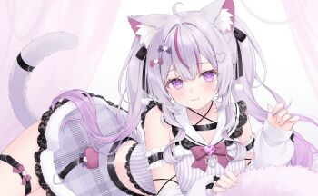 1girl :3 absurdres ahoge animal_ears arm_garter bare_shoulders bow bowtie cat_ears cat_girl cat_tail closed_mouth commission crop_top gradient_hair grey_hair grey_skirt hair_bow hair_ribbon heart highres long_hair looking_at_viewer midriff multicolored_hair original purple_hair ribbon sailor_collar shano_hiyori shirt skeb_commission skirt sleeveless sleeveless_shirt smile solo streaked_hair striped_clothes striped_shirt tail twintails very_long_hair white_shirt