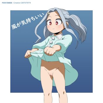 1girl blue_background blush boku_no_hero_academia bottomless cleft_of_venus clothes_lift dress dress_lift eri_(boku_no_hero_academia) felipe_godoy female_focus flat_chest grey_hair highres horns japanese_text light_blue_dress loli long_hair no_panties ponytail pussy red_eyes single_horn skirt skirt_lift solo tagme translated uncensored
