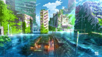 abandoned animal blue_sky building chain-link_fence cloud commentary_request day fence fish highres house lantern multiple_unit_train no_humans original outdoors overgrown power_lines railing railroad_tracks ruins scenery school_of_fish sky skyscraper stairs tokyo_(city) tokyogenso train utility_pole water waterfall window