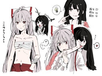 2girls bandaged_hand bandages black_hair blood blush breasts brown_eyes chest_sarashi closed_mouth collarbone embarrassed expressionless finger_to_cheek from_behind fujiwara_no_mokou hime_cut houraisan_kaguya jyazo_pic long_hair long_sleeves looking_at_viewer multiple_expressions multiple_girls navel object_through_head open_mouth palms_together pants pink_shirt puffy_sleeves red_eyes red_pants sarashi shirt small_breasts smile speech_bubble sword_in_head tongue tongue_out touhou translation_request upper_body variations very_long_hair white_background white_hair white_shirt