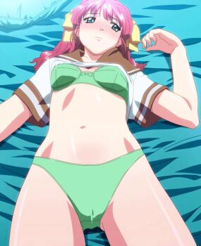 animated animated_gif blush bra bra_pull breasts clothes_lift clothes_pull green_panties lingerie lovers_(game) navel nipples osawa_hinako panties pink_hair school_uniform shirt_lift stitched third-party_edit underwear undressing