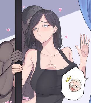 1girl 2boys abs absurdres against_glass band-width black_hair blue_eyes breast_press breasts breasts_on_glass collarbone dark-skinned_male dark_skin doggystyle hand_on_glass heart highres implied_sex interracial jewelry large_breasts moaning multiple_boys old old_man original plap ring sex sex_from_behind speech_bubble wedding_band